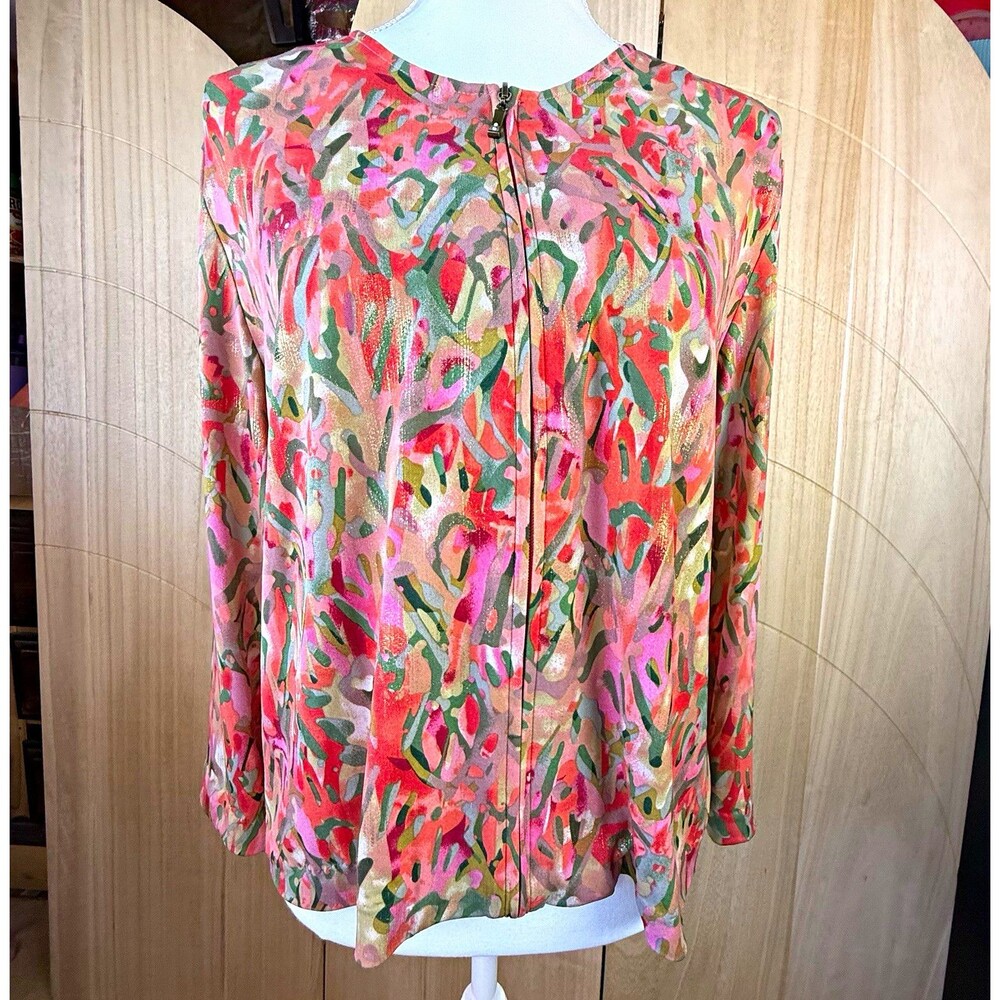 Vintage 90s Y2K Tanjay Abstract Metallic Foil Zip Front Cardigan Top Petite S